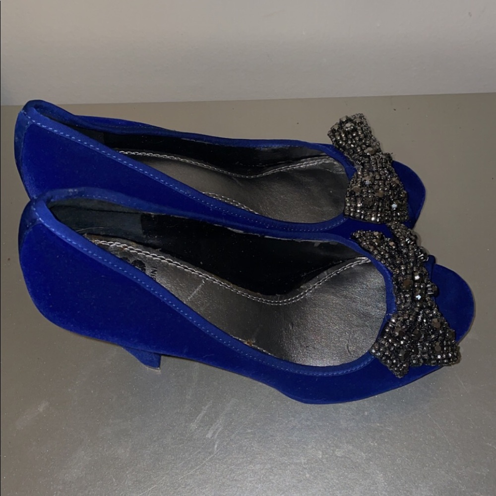 Blue Heels With Black Glitter Bow...